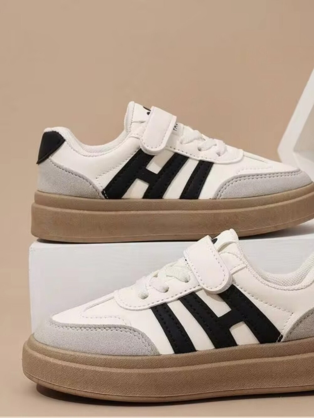Kids White and Black Low-Top Sneakers with Tan Sole